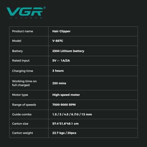 Машинка для стрижки VGR V-887C BLACK – 9000 об/хв, LED-дисплей, 6 насадок, до 250 хв роботи Машинка для стрижки VGR V-887C BLACK – 9000 об/хв, LED-дисплей, 6 насадок, до 250 хв роботи