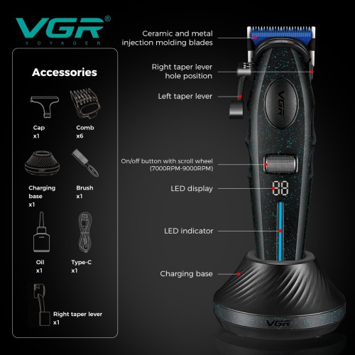 Машинка для стрижки VGR V-887C BLACK – 9000 об/хв, LED-дисплей, 6 насадок, до 250 хв роботи Машинка для стрижки VGR V-887C BLACK – 9000 об/хв, LED-дисплей, 6 насадок, до 250 хв роботи