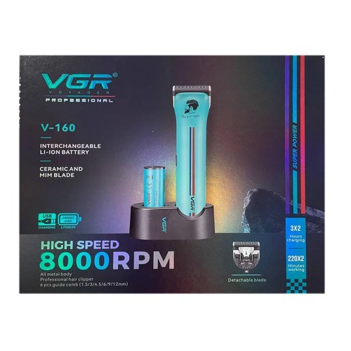 Машинка для стрижки VGR V-160 BLACK – 8000 об/хв, подвійний акумулятор, 6 насадок, до 440 хв роботи