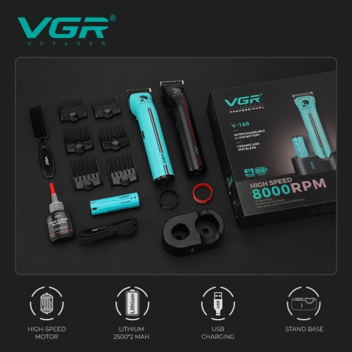 Машинка для стрижки VGR V-160 BLACK – 8000 об/хв, подвійний акумулятор, 6 насадок, до 440 хв роботи