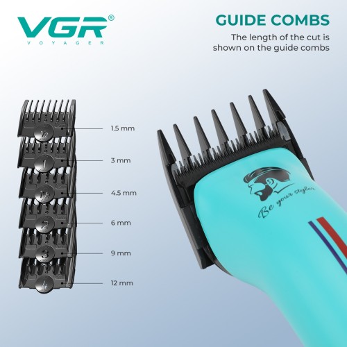 Машинка для стрижки VGR V-160 BLACK – 8000 об/хв, подвійний акумулятор, 6 насадок, до 440 хв роботи