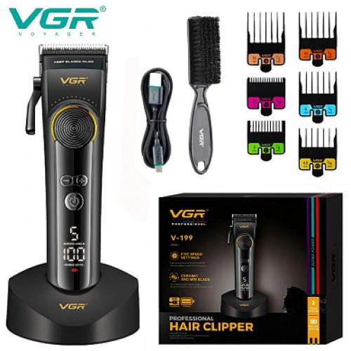 	Машинка для стрижки VGR V-199 BLACK – LED-дисплей, 5 режимів швидкості, 6 насадок, до 180 хв роботи