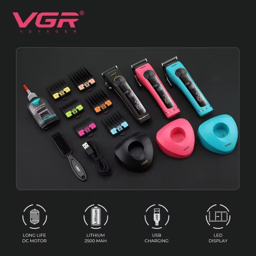 	Машинка для стрижки VGR V-199 BLACK – LED-дисплей, 5 режимів швидкості, 6 насадок, до 180 хв роботи