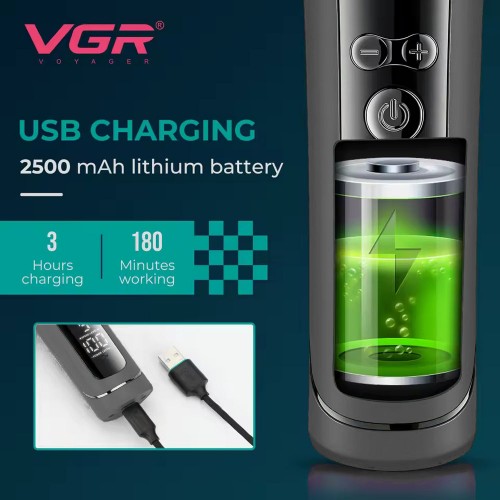 	Машинка для стрижки VGR V-199 BLACK – LED-дисплей, 5 режимів швидкості, 6 насадок, до 180 хв роботи