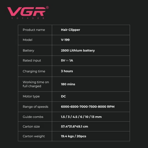 	Машинка для стрижки VGR V-199 BLACK – LED-дисплей, 5 режимів швидкості, 6 насадок, до 180 хв роботи