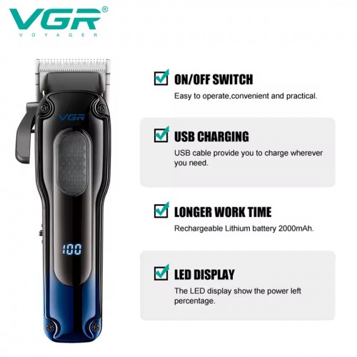 Машинка для стрижки VGR V-013 BLUE – 6500 об/хв, LED-дисплей, 8 насадок, до 60 хв роботим
