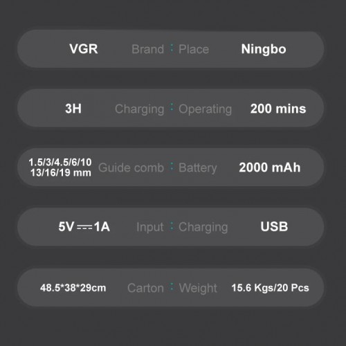 Машинка для стрижки VGR V-013 BLUE – 6500 об/хв, LED-дисплей, 8 насадок, до 60 хв роботим