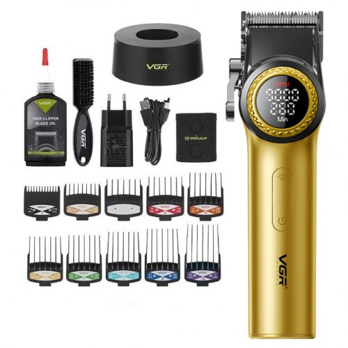 Машинка для стрижки (clipper) VGR V-001 Золотий, 10 насадок
