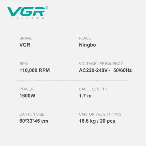 Професійний високошвидкісний фен для волосся VGR V-445 BLUE з BLDC-мотором