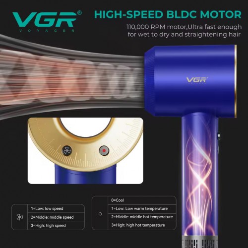 Професійний високошвидкісний фен для волосся VGR V-445 BLUE з BLDC-мотором