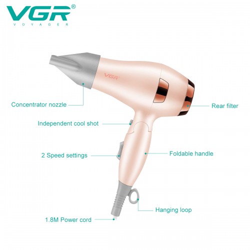 Компактний складаний фен для волосся VGR V-432 PINK (1000 Вт)