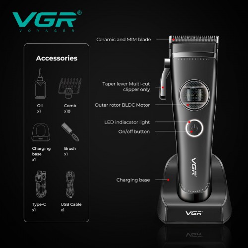 Машинка для стрижки (clipper) VGR V-880C Чорна, 11 насадок, док-станція